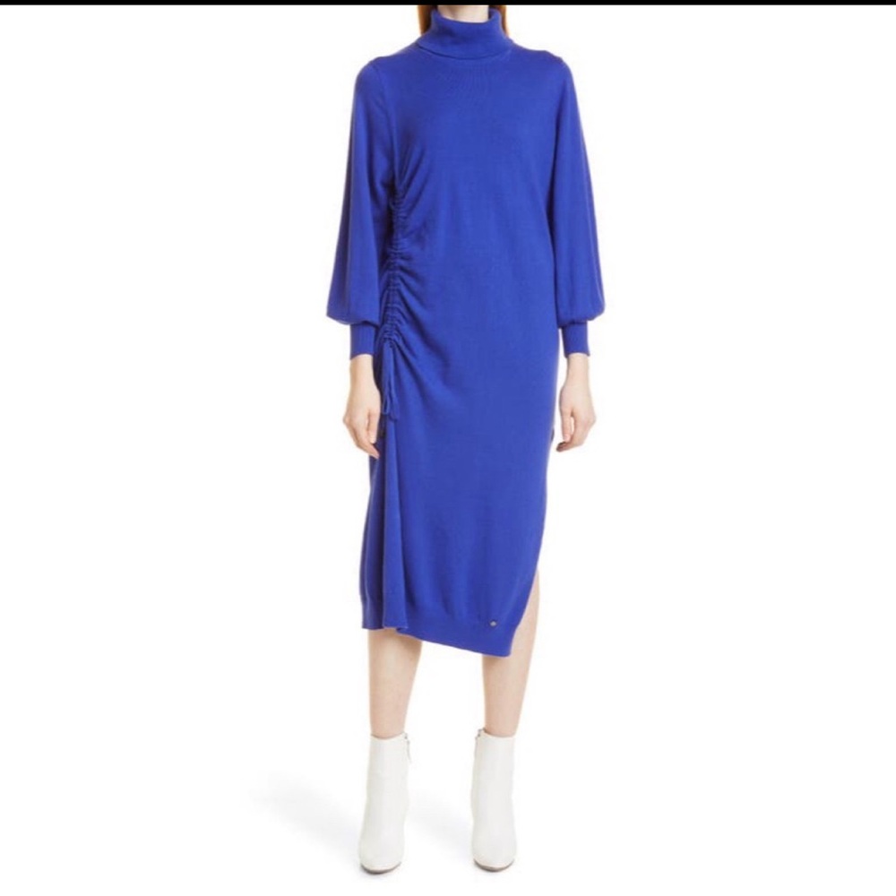 NWT Ted Baker Aavvaa Long Sleeve Cotton & Wool Blend Bright Blue Sweater Dress